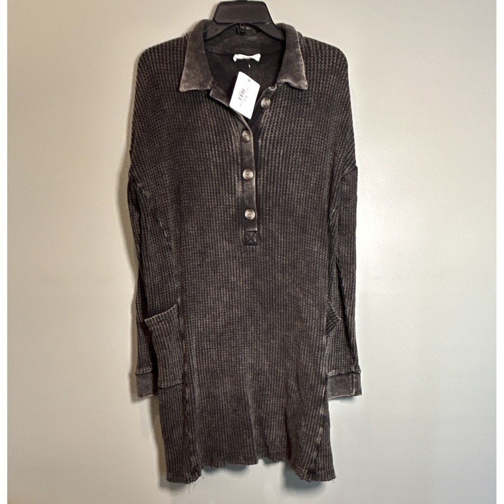 Zenana Womens oversized S Gray Waffle Knit Collared Shirt/Dress Button w Pockets